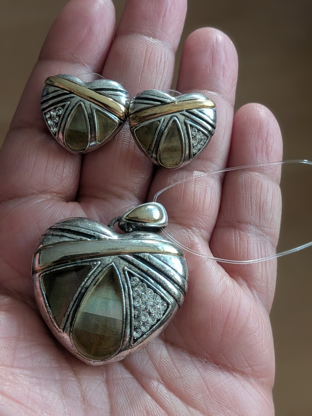 Vintage Heart-Silver & Gold Tone Pendant and Earrings Set with Gem Accents